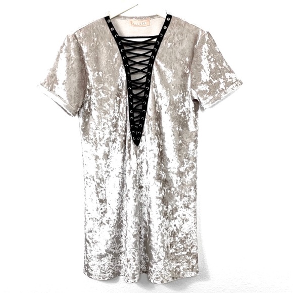 Ecru Lab Lace-Up Crushed Velvet Mini Dress - Picture 2 of 7